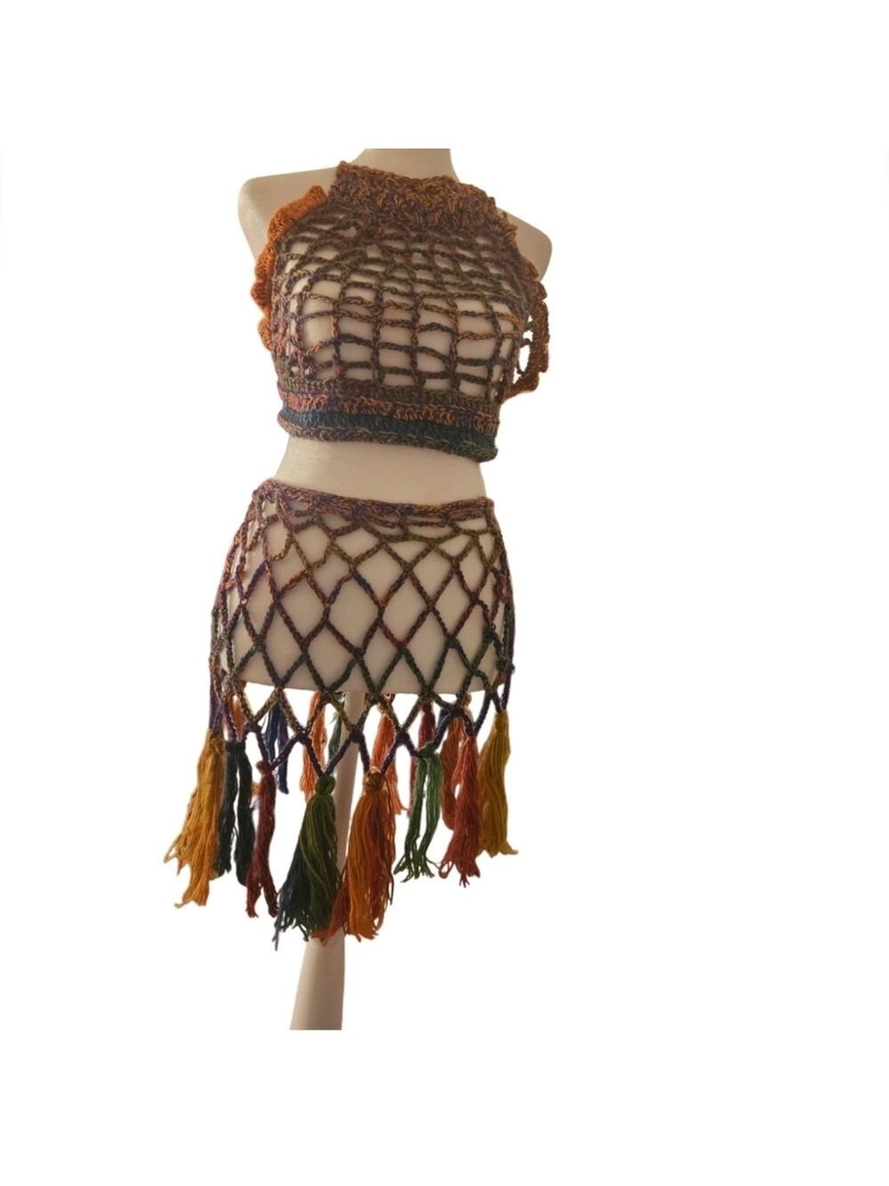Handmade Crochet Swim Cover-up Fishnet Design Multicolor Rainbow Halter Crop-Top - Picture 9 of 17